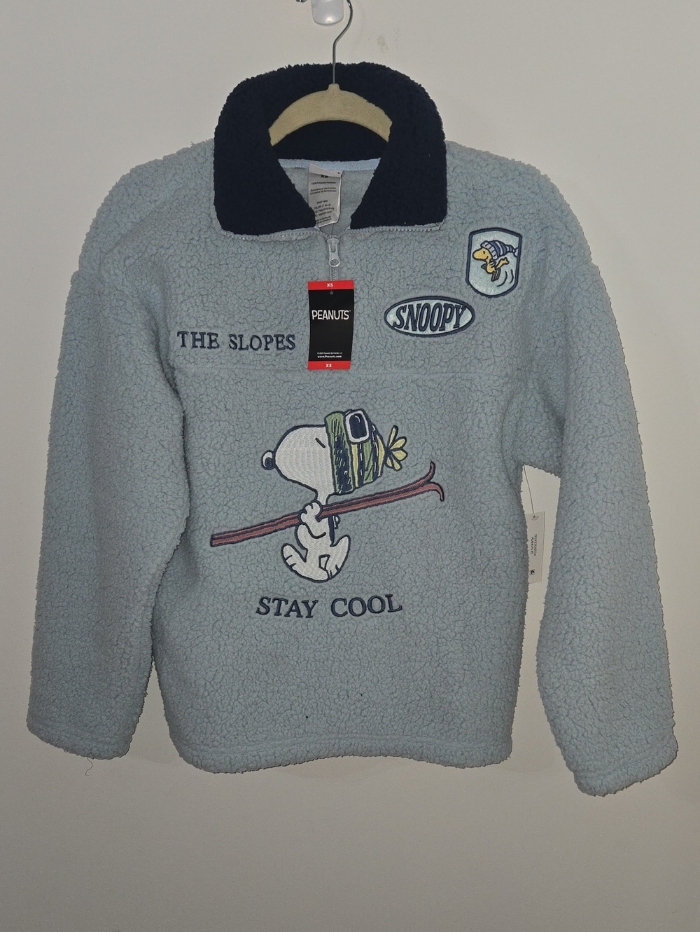 Peanuts Snoopy Embroidered Sherpa Pullover 1/4 Zip Blue NWT